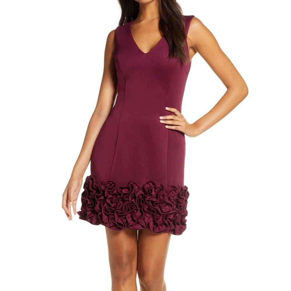 Donna Ricco Dress Burgundy Color Mini Dress Flower Design at bottom Size 2